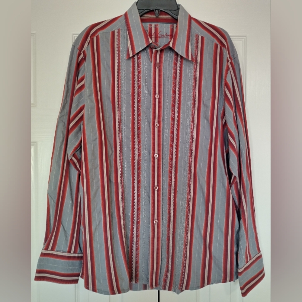 Robert Graham Long Sleeve Shirt Embroidered Texture Gray  Red Stiped Size XL